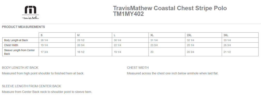 Size chart for a TM1MY402 TravisMathew Coastal Chest Stripe Polo
